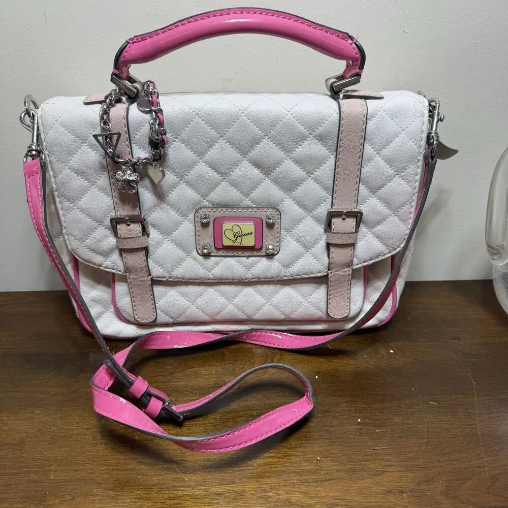 Vintage 90s Y2K Guess Pink White Quilted Satchel Detachable Strap Purse Jewelry - Picture 9 of 9